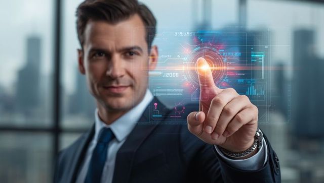 Executive Interacting with Futuristic Holographic Interface in Office