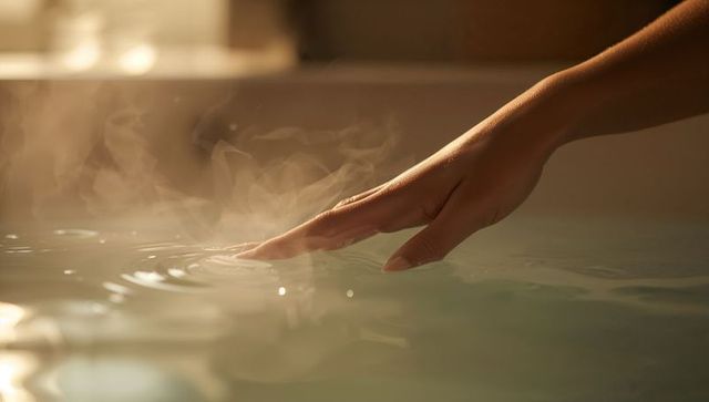 Hand gliding over steaming spa water creating ripples and calm ambience