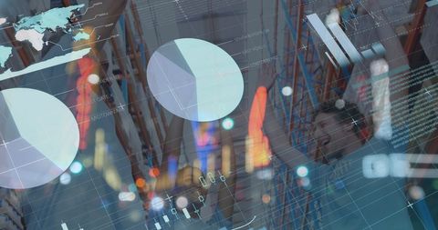 Celebratory Warehouse Workers with Overlay of Data Graphs