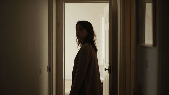 Moody backlit woman standing in hallway doorway with warm light, silhouette portrait