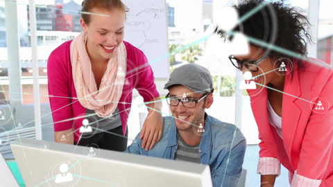 Diverse Team Collaborating with Network Connections in Modern Office