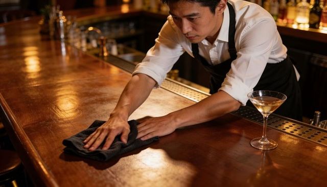 Bartender wiping polished wooden bar counter with martini glass in warm ambient light