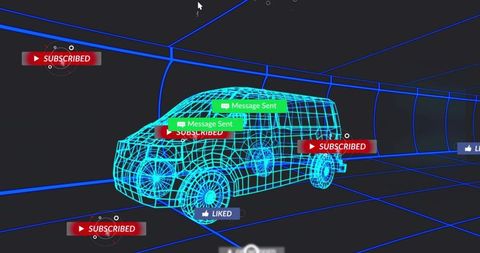 Cyan Wireframe SUV Rotating in Neon 3D Tunnel Displaying Subscribed Message Sent Liked Overlays