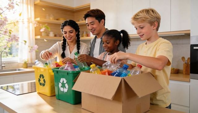 Sunlit family sorting plastic bottles in kitchen for recycling and sustainable living