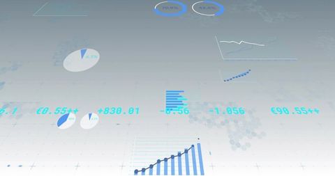 Futuristic translucent analytics dashboard with blue bar-and-line charts and pie charts