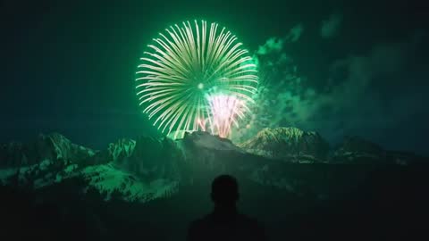 Green Fireworks Igniting Snowy Mountain Skylines