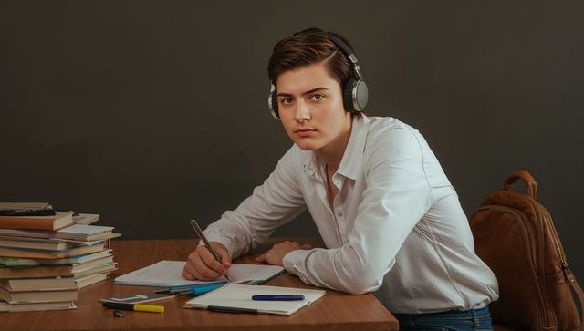 Focused young student wearing headphones writing notes at wooden desk with stack of books