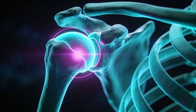 Shoulder joint highlighting humeral head articulating in glenoid cavity with neon target