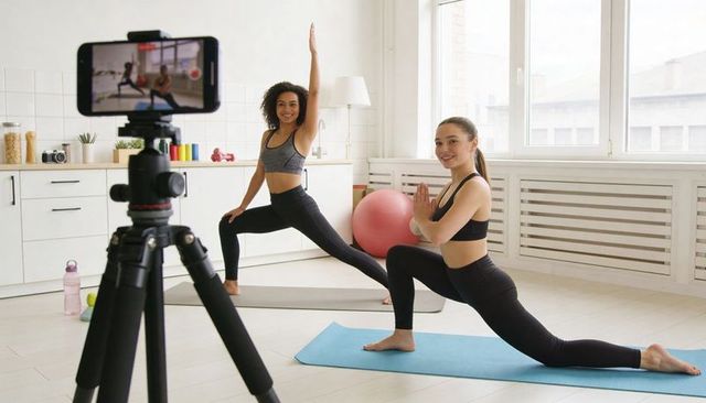 Recording Home Yoga Session: Two Women Practicing Lunges on Mats in Bright Modern Kitchen
