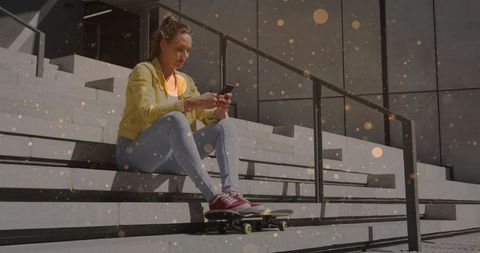 Youthful Happy Woman Enjoying Smartphone and Skateboarding Lifestyle