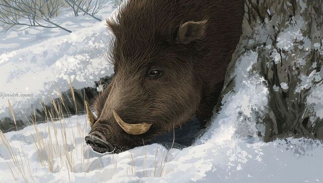 Wild boar lying low in snowy forest by tree trunk showing curved tusks and coarse fur