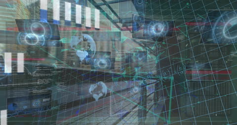 Futuristic Data Visualization over Busy Server Room