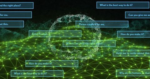 Glowing particle torus hovering over neon wireframe network with floating chat boxes