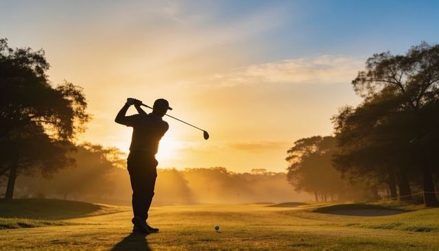Golfer swinging driver on tee at sunrise backlit silhouette over misty fairway