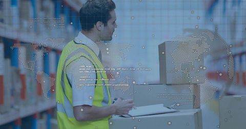 Warehouse manager checking inventory with clipboard and global logistics data overlay