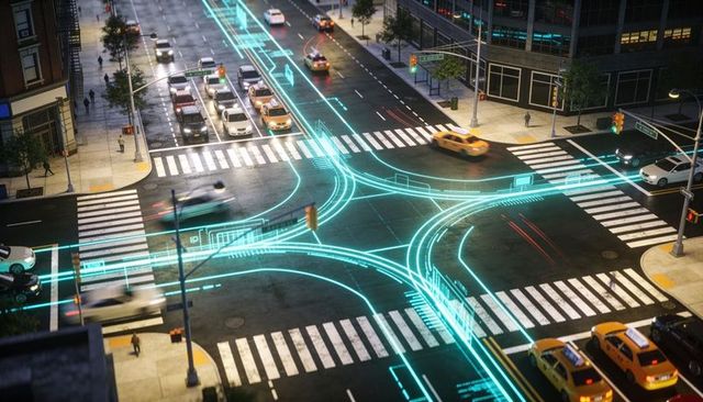 Turquoise smart city intersection with connected vehicles, crosswalks and wet reflections