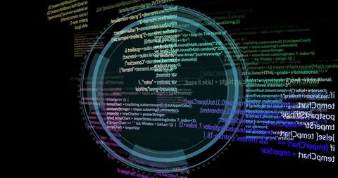 Futuristic circular hud with javascript code and nodes