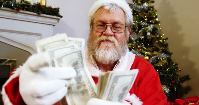 A Caucasian man dressed as Santa Claus is holding a stack of dollar bills, with copy space. His cheerful expression and the Christmas tree in the background suggest a festive holiday theme with a humorous twist on prosperity.