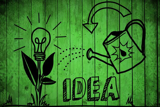 Illustration of a light bulb growing from a plant being watered by a watering can on a green wooden background. Ideal for use in presentations, blogs, and articles about creativity, innovation, and nurturing ideas.