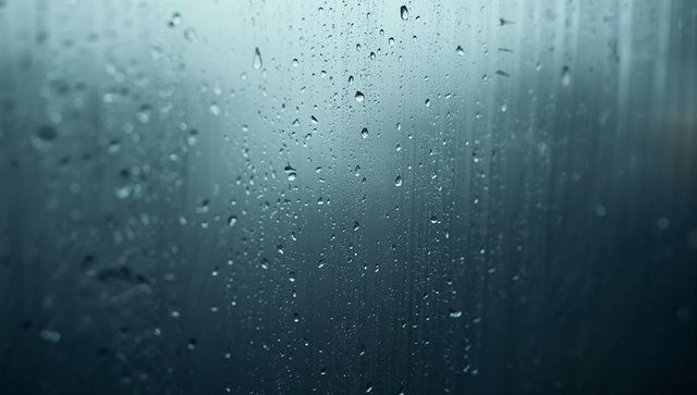 Abstract raindrops dripping on glass pane in teal green hues