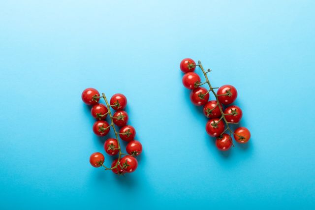 Overhead view of two clusters of organic cherry tomatoes on a bright blue background. Ideal for use in healthy eating campaigns, food blogs, recipe websites, and advertisements promoting fresh produce. The vibrant colors and minimalistic composition make it suitable for modern and clean design projects.