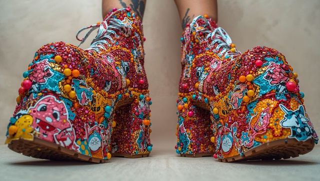 Vibrant sticker and bead embellished platform lace-up boots showing colorful glitter