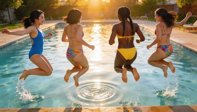 Teen friends jumping into backyard pool at golden hour wearing colorful swimwear summer fun