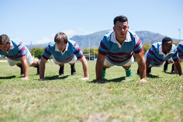Rugby players are engaged in a push-up exercise on a grassy field under a clear sky. This image is ideal for use in sports training materials, fitness blogs, teamwork promotions, and athletic event advertisements. It highlights physical fitness, teamwork, and outdoor sports activities.