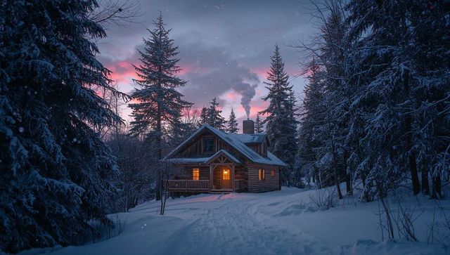 Glowing Log Cabin in Snowy Forest at Dusk with Chimney Smoke and Footprints