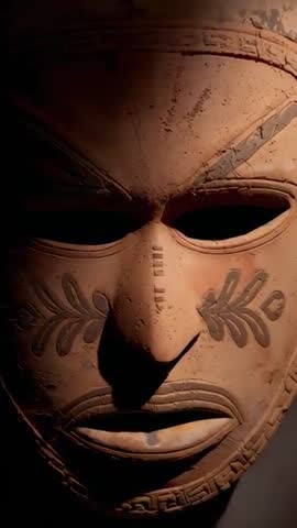 Shifting Spotlight Revealing Terracotta Mask Texture in Slow Vertical Gallery Reveal