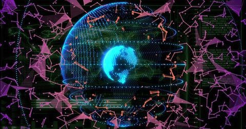 Rotating neon point-cloud globe pulsing with network nodes and holographic data mesh visualization