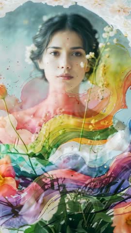 Portrait merging with flowing rainbow paint over delicate blossoms, blending floral abstraction