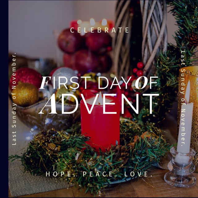 Perfect for celebrating the first day of Advent, this image features Christmas decorations and a bright red candle. Ideal for holiday cards, event invitations, social media posts, or religious event promos. Emphasizes themes of hope, peace, and love, it is fitting for November seasonal designs.