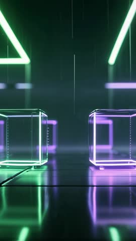 Vertical Cyber Launch Scene Showing Neon Wireframe Cubes Pulsing on Reflective Platform