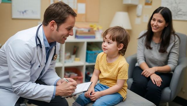 Pediatrician smiling while taking notes with curious toddler and parent during checkup