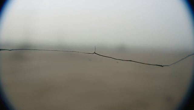 Hairline crack crossing glass revealing muted horizon with raindrop detail
