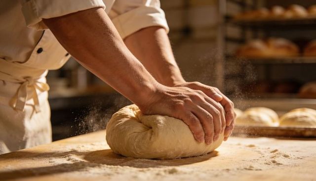 Artisan Baker Kneading Rustic Dough on Flour-Dusted Wooden Table in Commercial Bakery