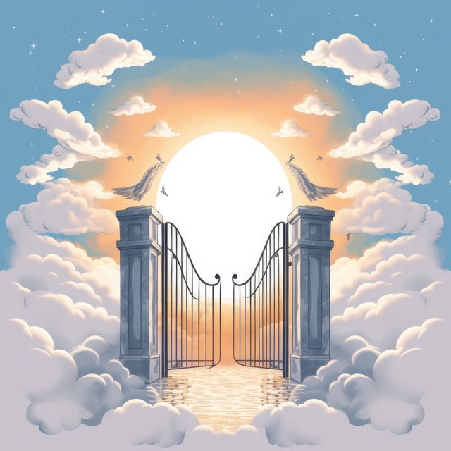 Illustration features majestic gates leading to a heavenly realm, surrounded by clouds and illuminated by a serene sunset. Ideal for use in spiritual articles, fantasy content, illustrations for dream sequences, or promotional materials for inspirational themes.