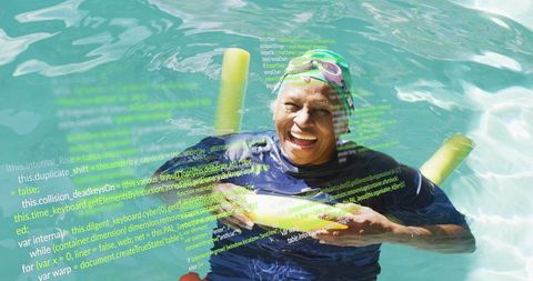 Elderly swimmer with dynamic data processing overlay