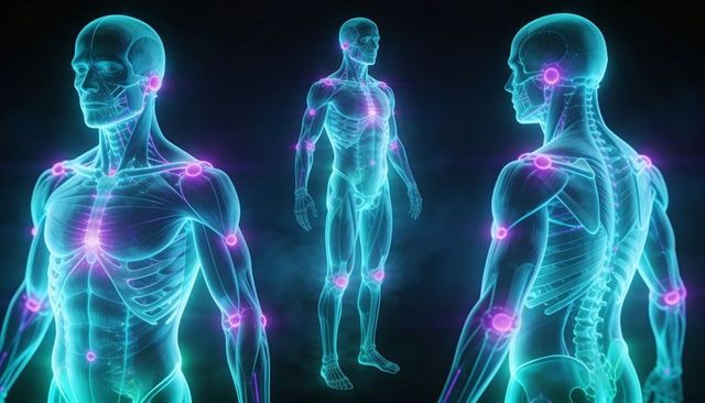 Displaying holographic human anatomy with highlighted joints, skeletal and muscular layers