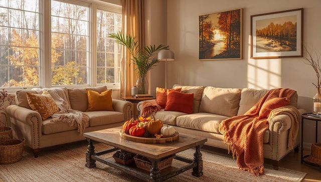 Cozy autumn living room with beige sofas, pumpkin centerpiece, warm throws, sunlit window
