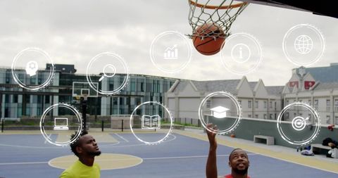 Urban outdoor basketball players scoring layup with hud overlay for sports training tech