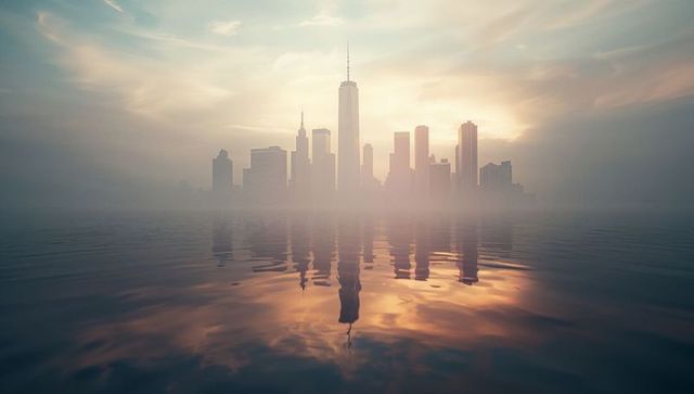 Foggy Urban Skyline Reflecting in Tranquil Waters