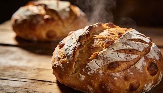 Steaming artisan sourdough loaf with rustic crust and decorative scoring on wooden board