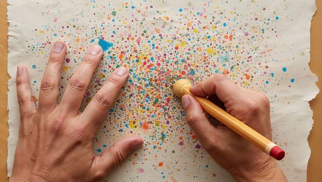 Hands stamping colorful splatter dot art with pencil eraser on torn paper craft closeup