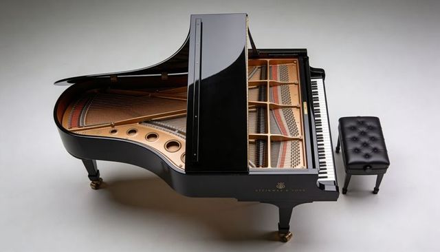 Showcasing steinway grand piano with raised lid and exposed strings in glossy ebony