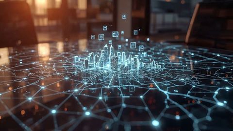 Futuristic Holographic City Model with Glowing Grid and Icons