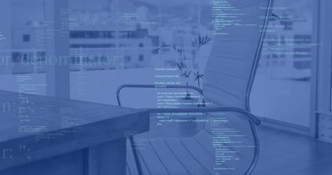 Minimal modern office chair by wood desk with floating code overlay for tech workspaces