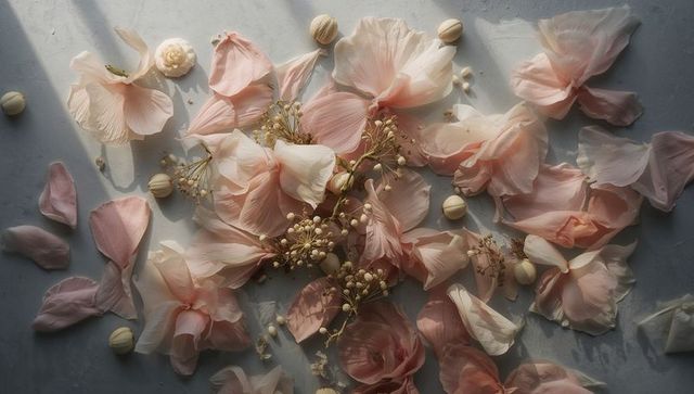 Blush petals scattering on gray surface with baby's breath and soft shadow play