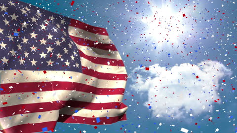 American Flag Waving with Falling Confetti in Sunny Sky